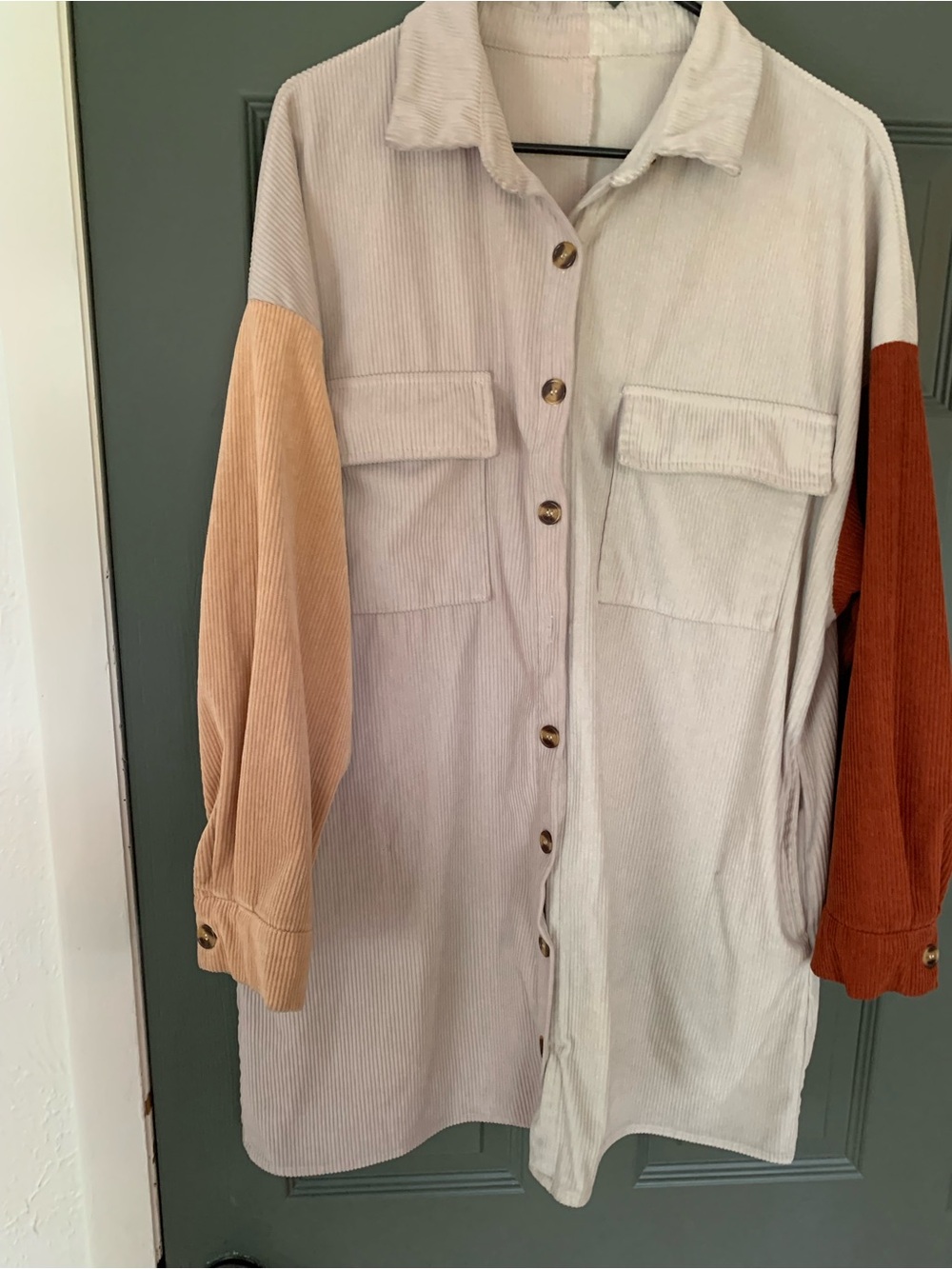 Colorblock Corduroy Shacket - Cream with Tan & Rust Sleeves